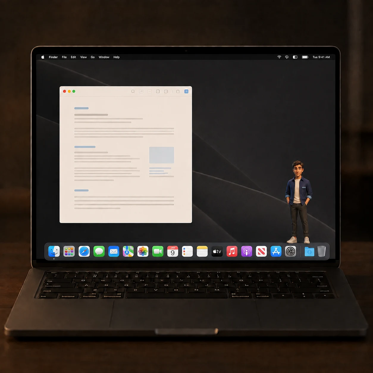 Parley character concept at the lower right of a MacBook screen, standing on top of the Dock