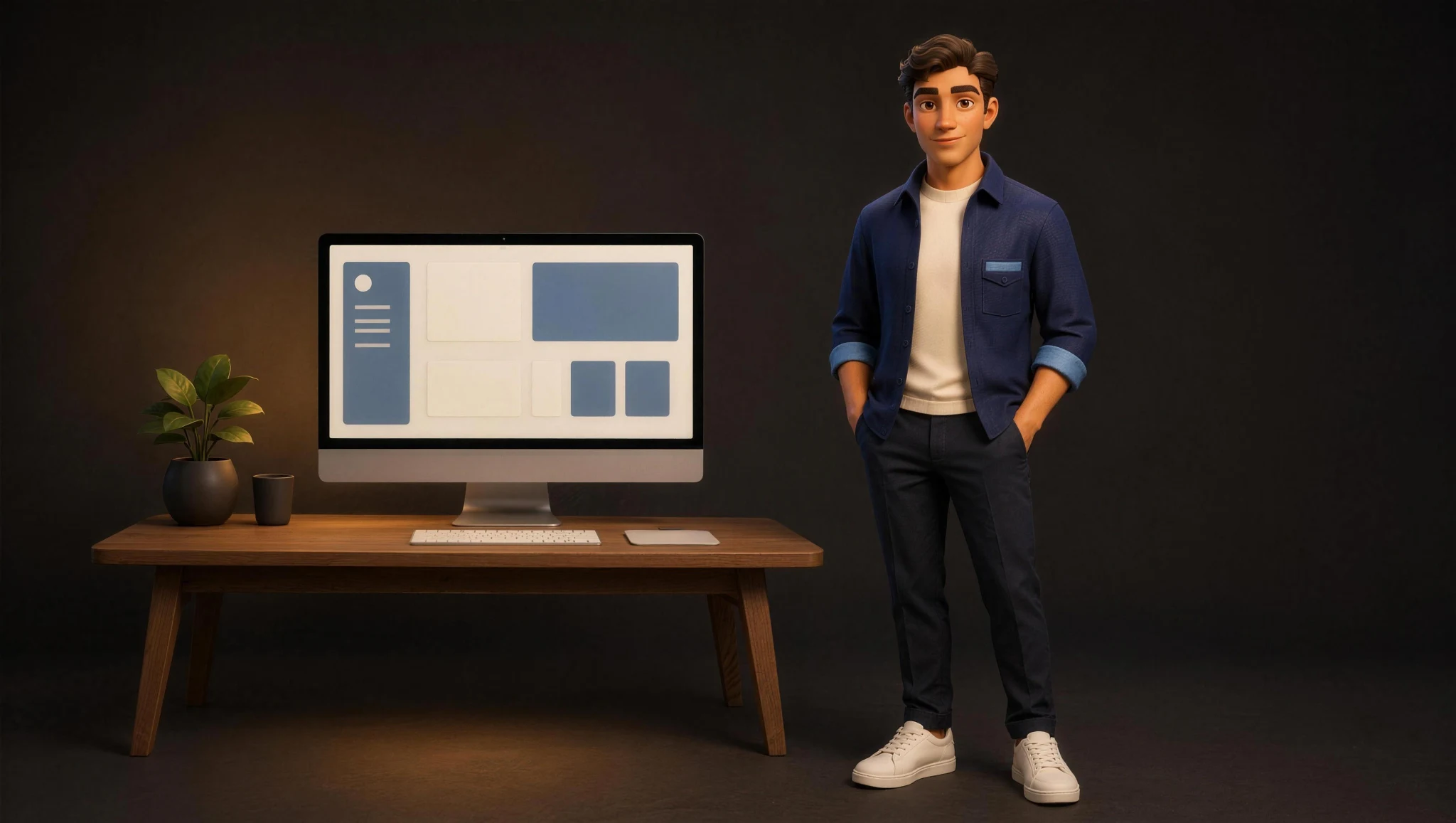 Full-body Parley character concept standing beside a Mac workspace